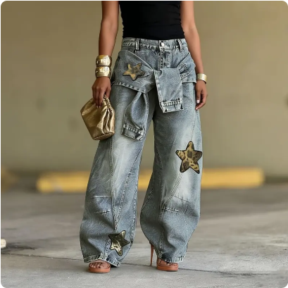 👖 50% RABATT! ⭐ Unisex Baggy-Jeans mit Stern-Patches – Lässiger Oversize-Schnitt, weicher Denim & angesagter 90s-Look ✨