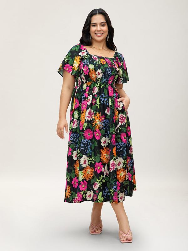 👗⏰ SOMMER HEISSER VERKAUF: 50% RABATT! Geblümtes Smock-Kleid mit eckigem Ausschnitt und Taschen – Bequem, verspielt & perfekt für warme Tage 🌸✨