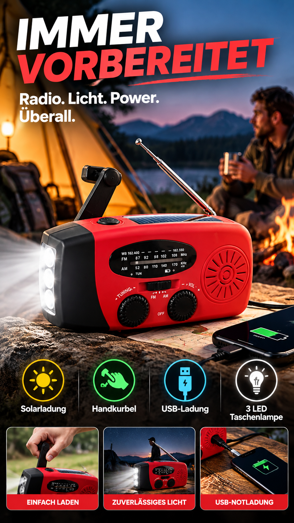 📻 50 % Rabatt ! Solar-Kurbelradio für Notfall & Outdoor – Nie ohne Strom und Empfang! 🔦 Solar & Handkurbel, helle LED-Taschenlampe, USB-Notladung 🔋