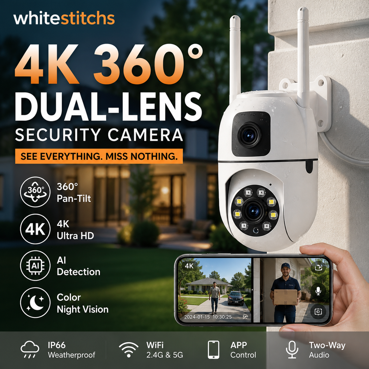 🔍🔍360°-Schwenk- und Neigekamera mit zwei Objektiven und 4K-Auflösung – WLAN-Überwachungskamera für den Außenbereich