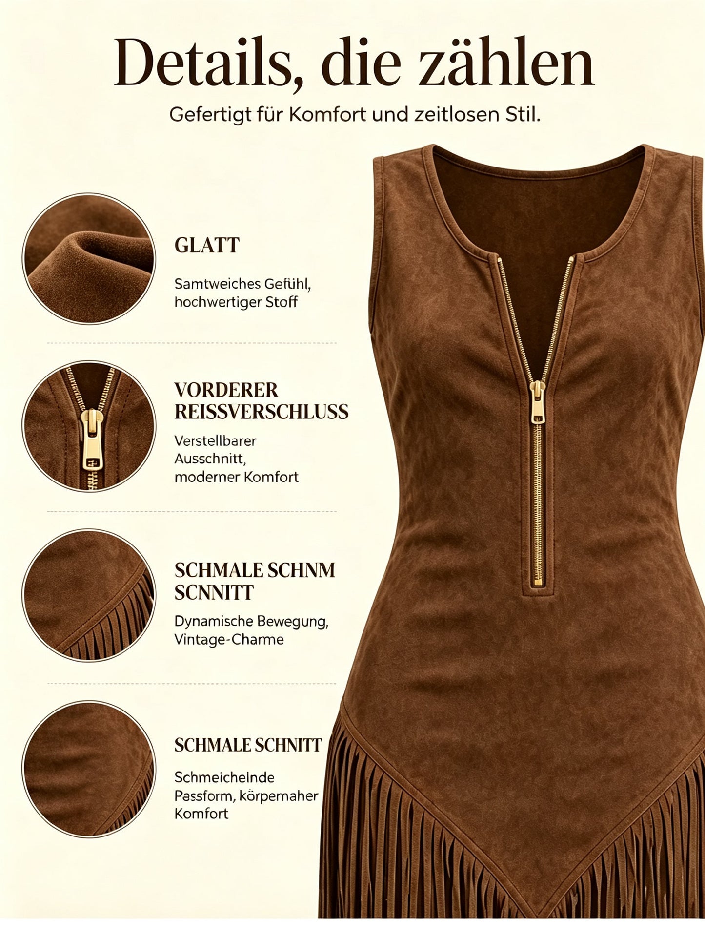 🔥Neu für 2026 – 50 % Rabatt!🤠Retro-Western Kleid mit Fransen, ärmellos & tailliert – Fransen-Saum, Frontreißverschluss, Cowgirl-Stil