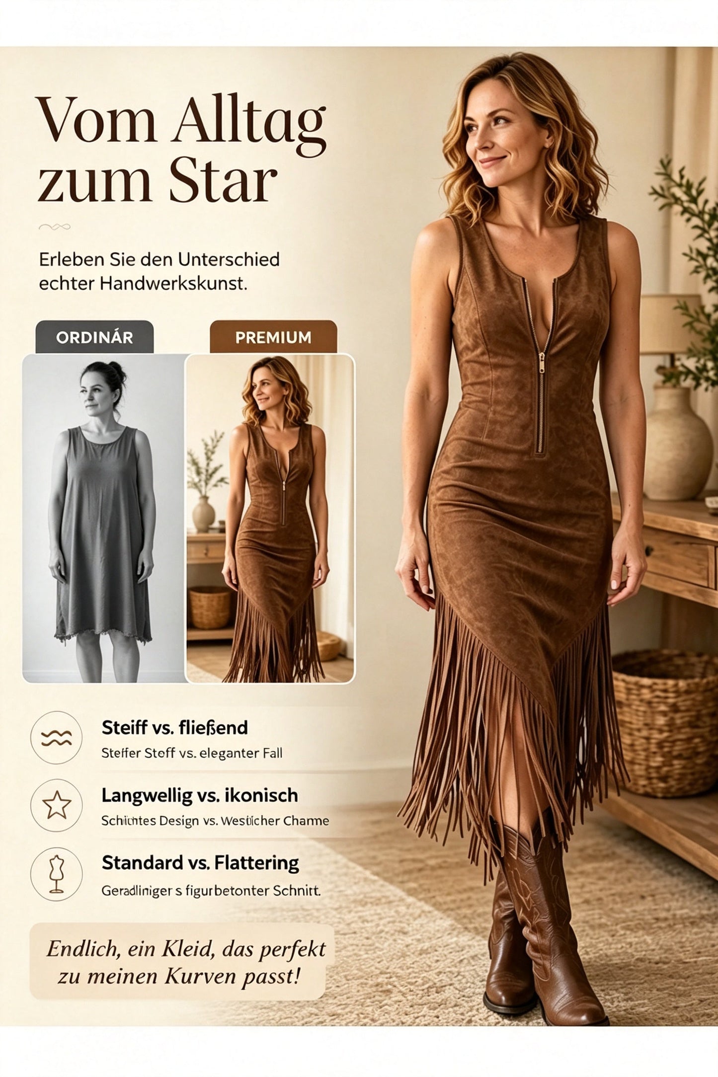 🔥Neu für 2026 – 50 % Rabatt!🤠Retro-Western Kleid mit Fransen, ärmellos & tailliert – Fransen-Saum, Frontreißverschluss, Cowgirl-Stil