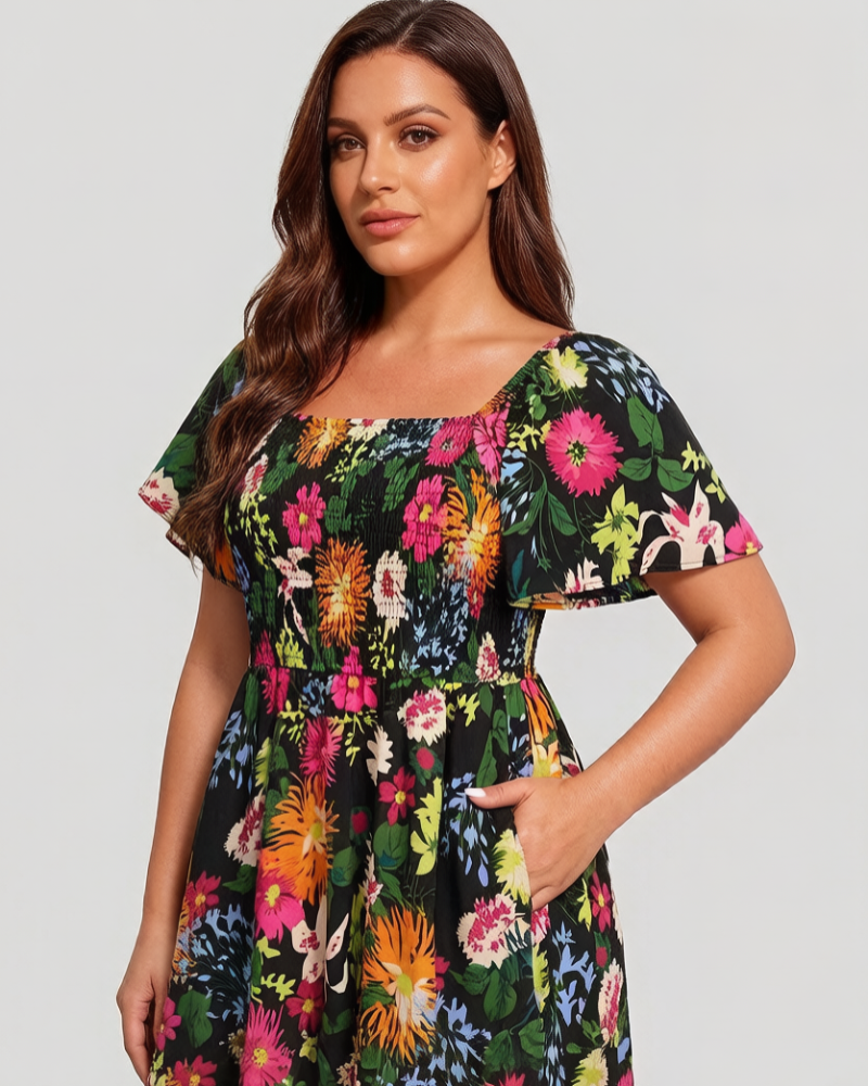👗⏰ SOMMER HEISSER VERKAUF: 50% RABATT! Geblümtes Smock-Kleid mit eckigem Ausschnitt und Taschen – Bequem, verspielt & perfekt für warme Tage 🌸✨