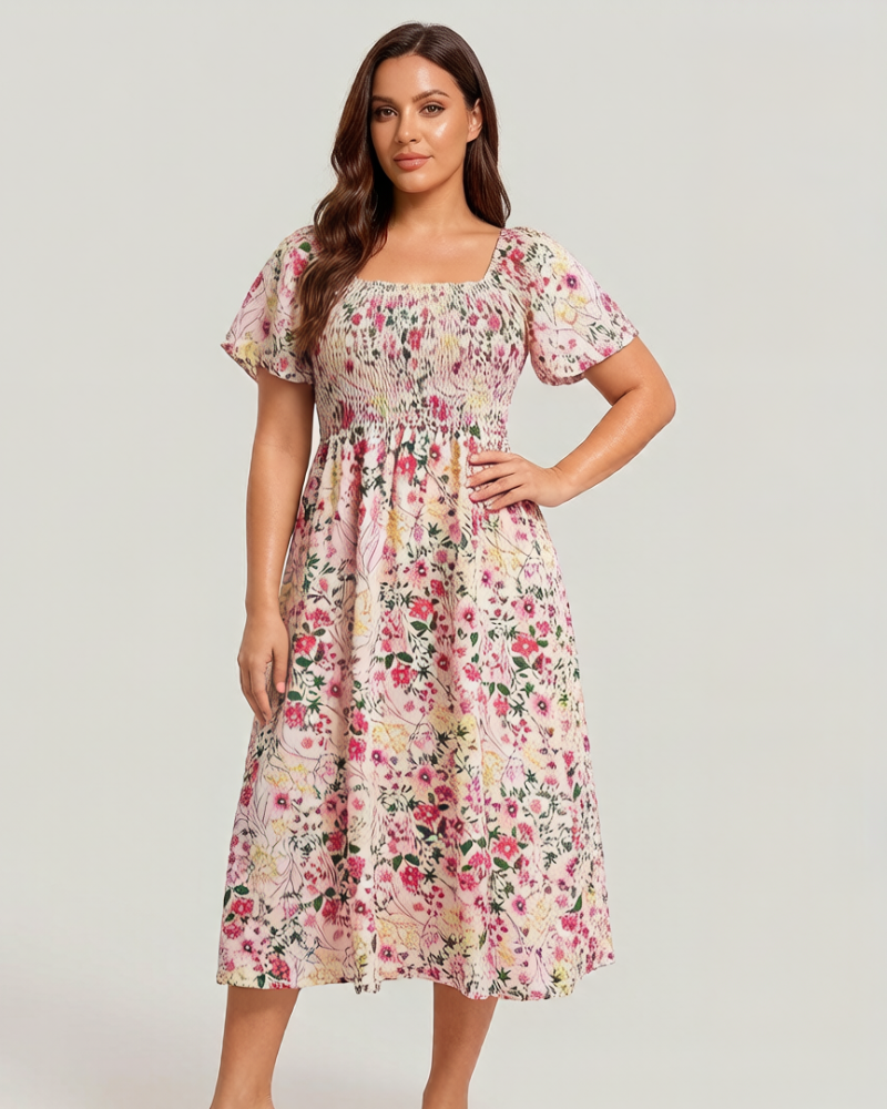 👗⏰ SOMMER HEISSER VERKAUF: 50% RABATT! Geblümtes Smock-Kleid mit eckigem Ausschnitt und Taschen – Bequem, verspielt & perfekt für warme Tage 🌸✨