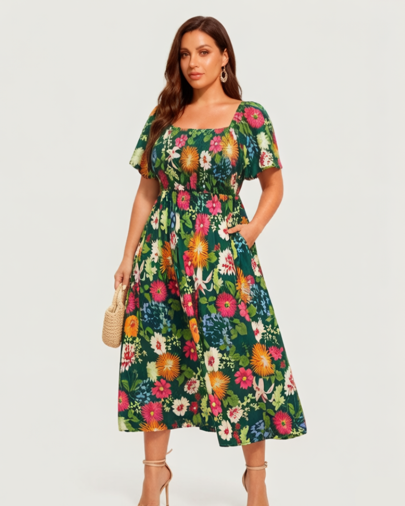 👗⏰ SOMMER HEISSER VERKAUF: 50% RABATT! Geblümtes Smock-Kleid mit eckigem Ausschnitt und Taschen – Bequem, verspielt & perfekt für warme Tage 🌸✨