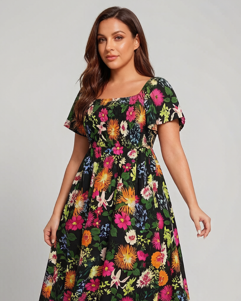 👗⏰ SOMMER HEISSER VERKAUF: 50% RABATT! Geblümtes Smock-Kleid mit eckigem Ausschnitt und Taschen – Bequem, verspielt & perfekt für warme Tage 🌸✨