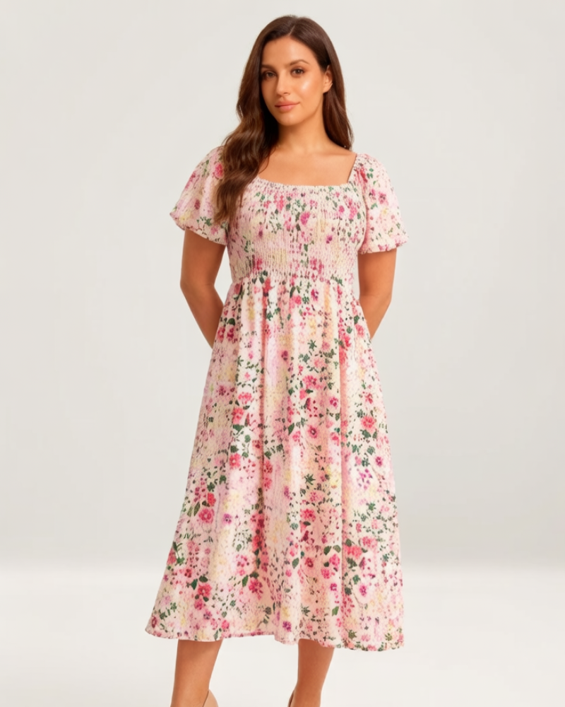 👗⏰ SOMMER HEISSER VERKAUF: 50% RABATT! Geblümtes Smock-Kleid mit eckigem Ausschnitt und Taschen – Bequem, verspielt & perfekt für warme Tage 🌸✨