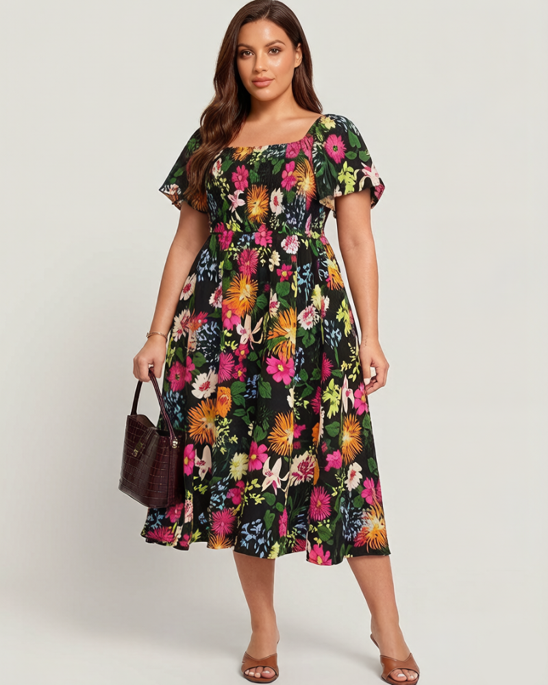 👗⏰ SOMMER HEISSER VERKAUF: 50% RABATT! Geblümtes Smock-Kleid mit eckigem Ausschnitt und Taschen – Bequem, verspielt & perfekt für warme Tage 🌸✨