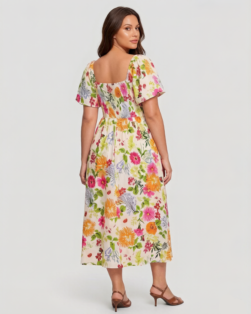 👗⏰ SOMMER HEISSER VERKAUF: 50% RABATT! Geblümtes Smock-Kleid mit eckigem Ausschnitt und Taschen – Bequem, verspielt & perfekt für warme Tage 🌸✨