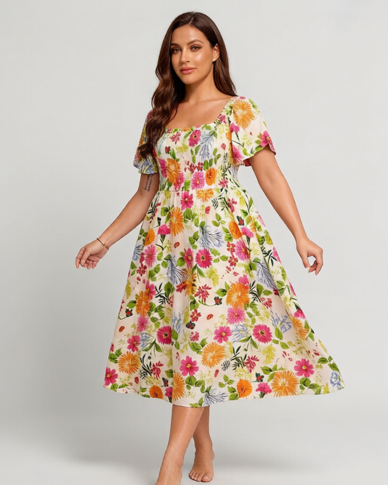 👗⏰ SOMMER HEISSER VERKAUF: 50% RABATT! Geblümtes Smock-Kleid mit eckigem Ausschnitt und Taschen – Bequem, verspielt & perfekt für warme Tage 🌸✨