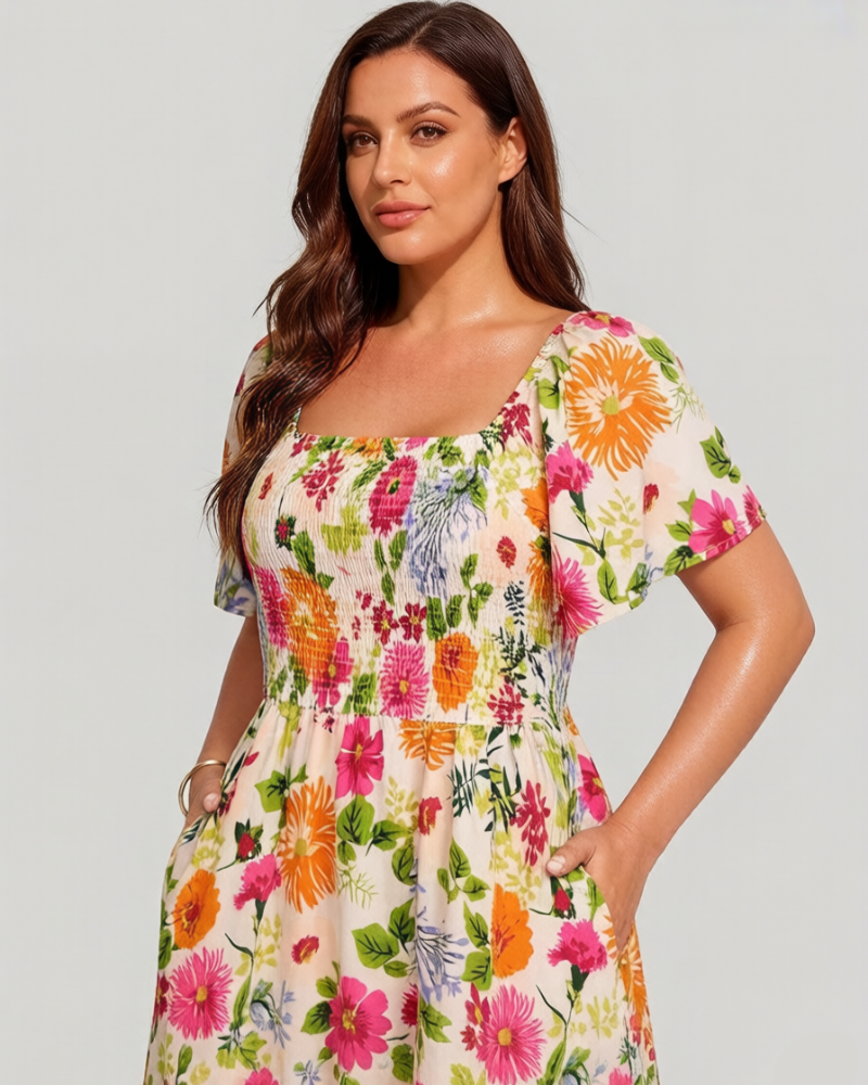 👗⏰ SOMMER HEISSER VERKAUF: 50% RABATT! Geblümtes Smock-Kleid mit eckigem Ausschnitt und Taschen – Bequem, verspielt & perfekt für warme Tage 🌸✨