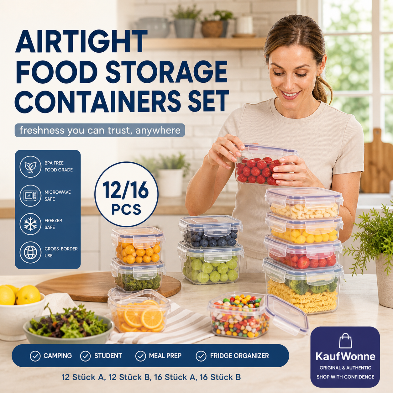 🍱 Vorratsdosen-Set mit Deckeln – 12/16-teiliges Set, ♻️ wiederverwendbar – 💧 auslaufsicher, geeignet für Gefrierschrank ❄️, Backofen 🔥, Mikrowelle ⏲️ und Spülmaschine 🍽️