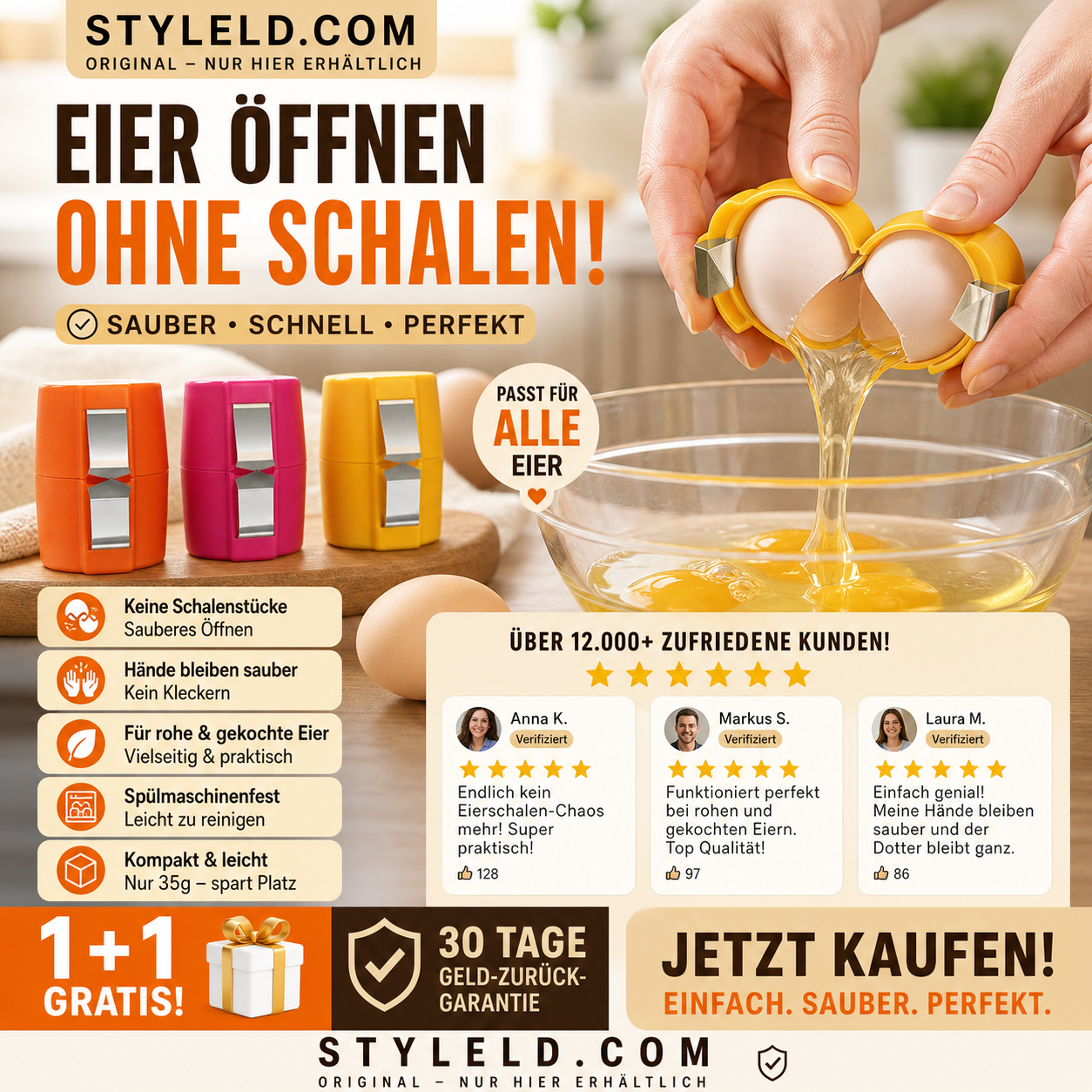 🍳 50 % Rabatt – 2-in-1 Eierknacker & Eigelb-Separator – hygienisch, einfach in der Handhabung & vielseitig für rohe und gekochte Eier 🥚