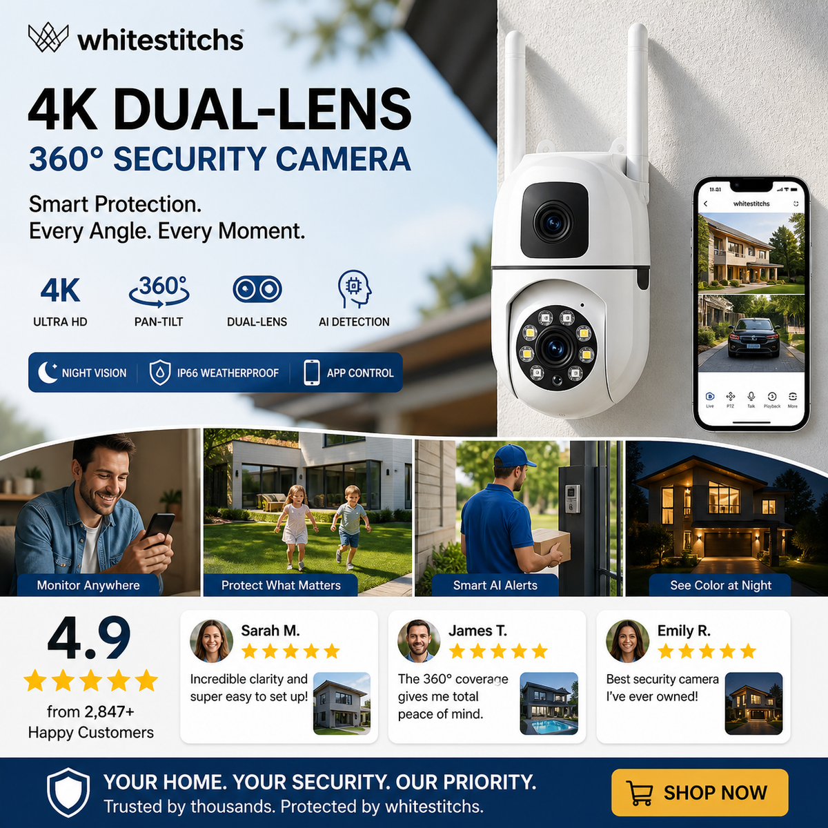 🔍🔍360°-Schwenk- und Neigekamera mit zwei Objektiven und 4K-Auflösung – WLAN-Überwachungskamera für den Außenbereich