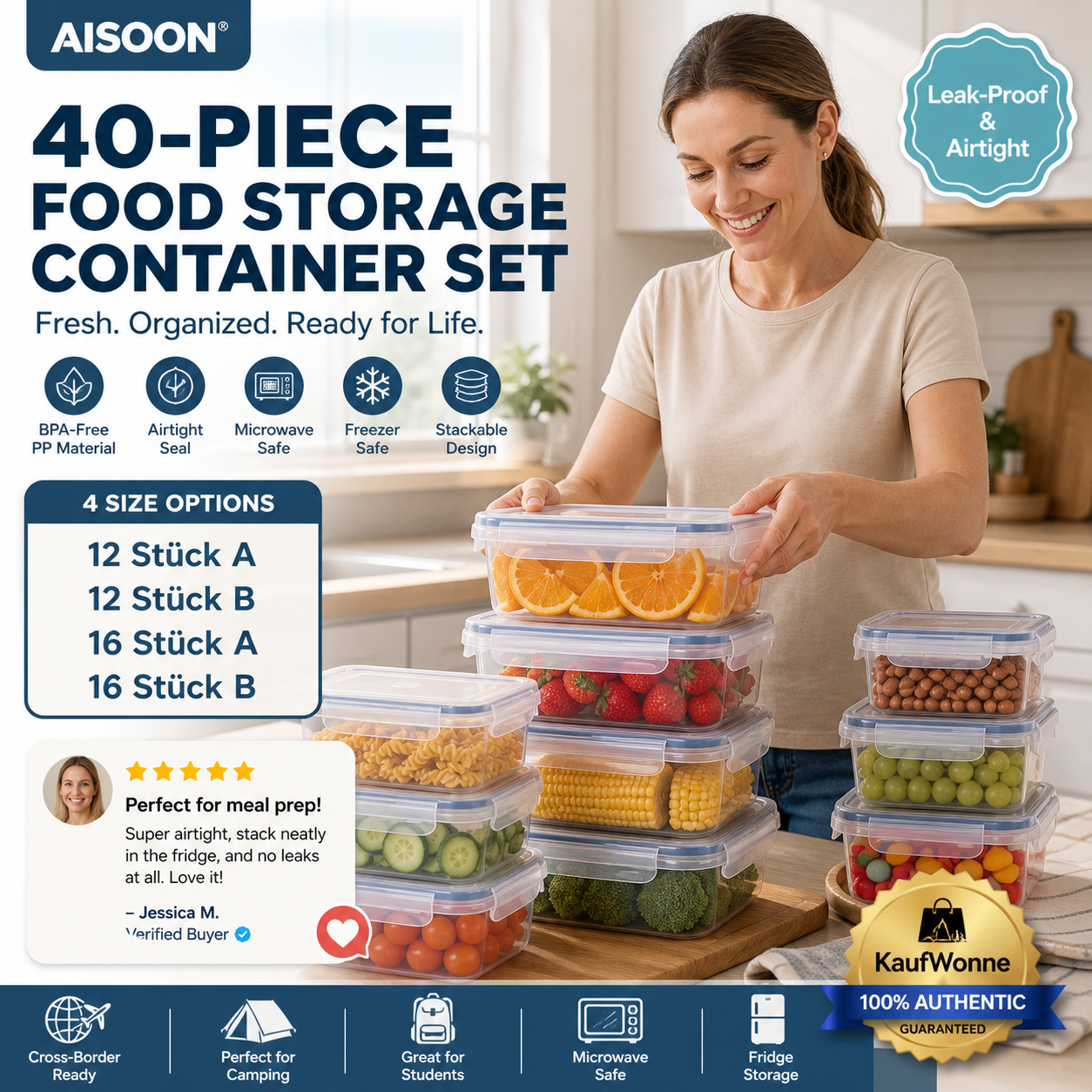 🍱 Vorratsdosen-Set mit Deckeln – 12/16-teiliges Set, ♻️ wiederverwendbar – 💧 auslaufsicher, geeignet für Gefrierschrank ❄️, Backofen 🔥, Mikrowelle ⏲️ und Spülmaschine 🍽️