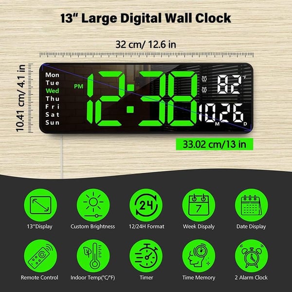 ⚡40cm große Digitaluhr mit Temperatur, Datum, automatischer Sommerzeit, Nachtlicht und automatischem Helligkeitsdimmer