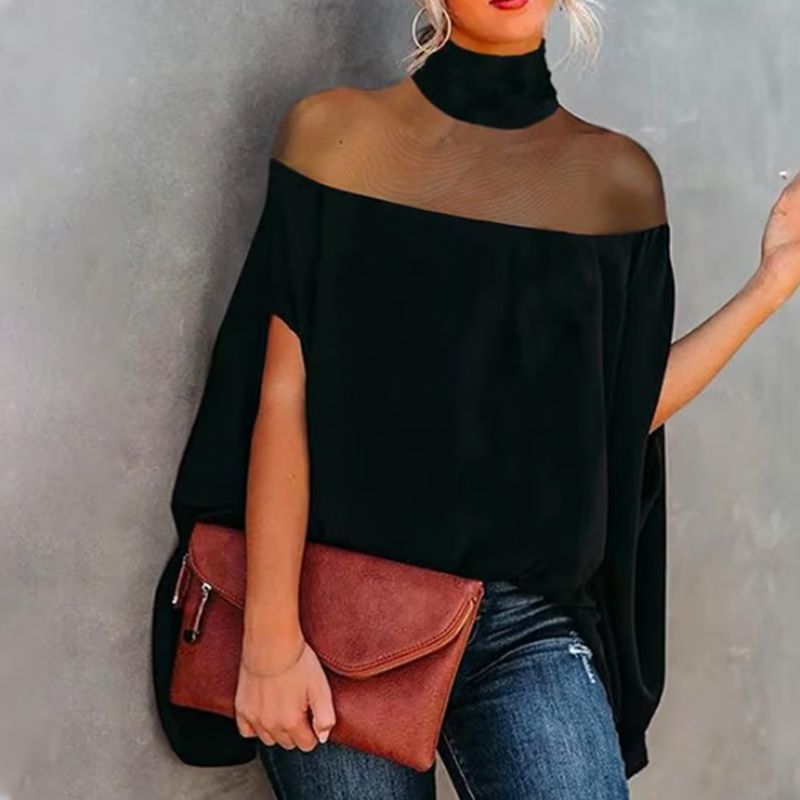 👗 🦇 Lässige Bluse mit Fledermausärmeln – Hochgeschlossen, Transparentes Design, Schwarz 🍂