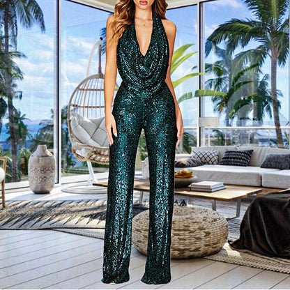 Sexy, glitzernder Neckholder-Jumpsuit für Damen mit schmalem Schnitt