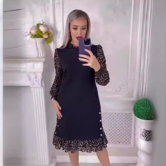 ✨Heiße Neuankömmlinge🛍️Leopard Color Blocking Mock Neck Knielanges Kleid