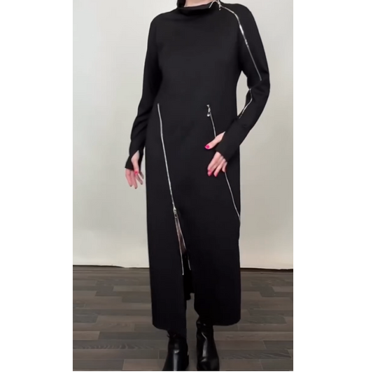 🎅Was soll ich morgen anziehen?✨Modisches einfarbiges Maxikleid für Damen mit drei Reißverschlüssen