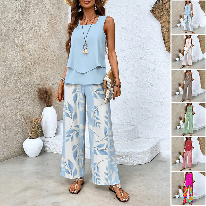 🌺Trendiges 2-teiliges Damen-Outfit mit Print, ärmelloses Oberteil und Hose