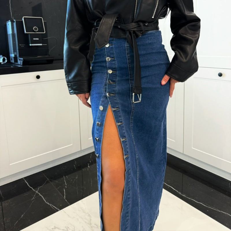 👖✨ NUR FÜR KURZE ZEIT – 50% RABATT! Stilvoller, figurbetonter Jeansrock mit Knopfverschluss und Schlitz – Lässig, feminin & perfekt für Alltag und Abend 💕
