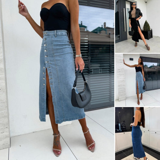 👖✨ NUR FÜR KURZE ZEIT – 50% RABATT! Stilvoller, figurbetonter Jeansrock mit Knopfverschluss und Schlitz – Lässig, feminin & perfekt für Alltag und Abend 💕