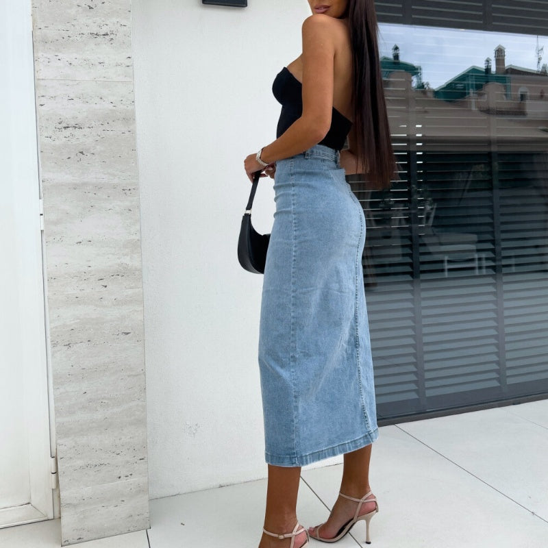 👖✨ NUR FÜR KURZE ZEIT – 50% RABATT! Stilvoller, figurbetonter Jeansrock mit Knopfverschluss und Schlitz – Lässig, feminin & perfekt für Alltag und Abend 💕