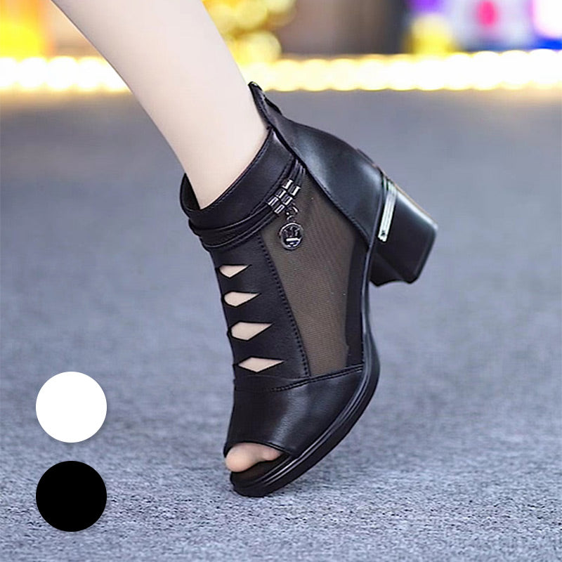 👢🥰 50% RABATT! Weiches Leder Damen Stiefeletten mit Netzstoff-Einsatz – Sandalen-Design mit praktischem mittlerem Absatz – Perfekt für jeden Tag, Frühling & Herbst ✨