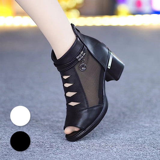 👢🥰 50% RABATT! Weiches Leder Damen Stiefeletten mit Netzstoff-Einsatz – Sandalen-Design mit praktischem mittlerem Absatz – Perfekt für jeden Tag, Frühling & Herbst ✨
