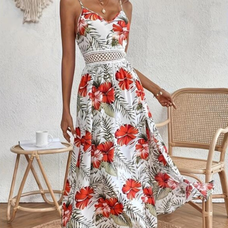 👗🌸 50% RABATT! Fließendes Kleid mit Blumenmuster und hohem Schlitz für Damen mit Spaghettiträgern – Romantisch, lässig & perfekt für den Sommer ✨