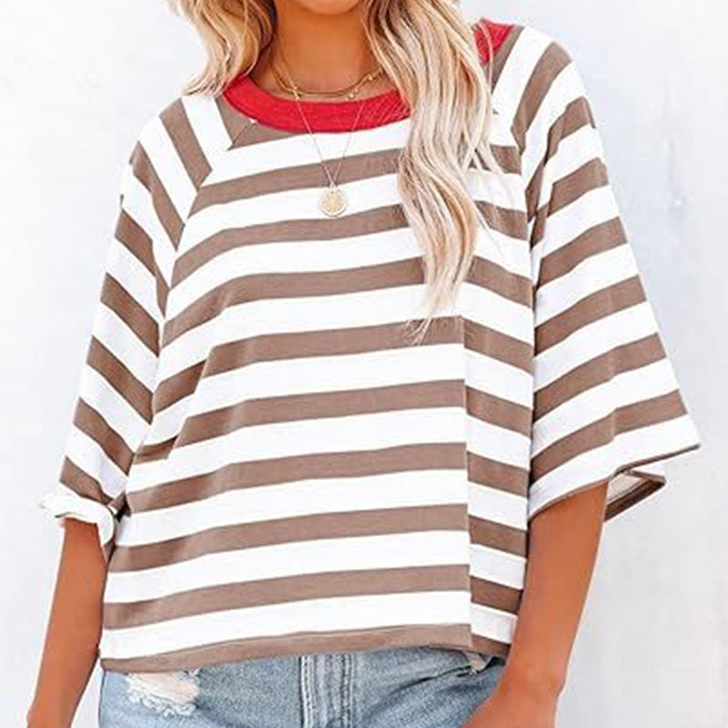 👚🌞 Gestreiftes Kurzarm-Freizeitoberteil mit Rundhalsausschnitt für Damen – 50% RABATT! Lässig, atmungsaktiv & perfekt für Sommer, Stadt & Alltag