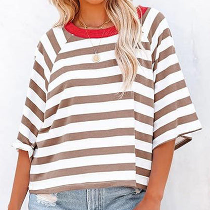 👚🌞 Gestreiftes Kurzarm-Freizeitoberteil mit Rundhalsausschnitt für Damen – 50% RABATT! Lässig, atmungsaktiv & perfekt für Sommer, Stadt & Alltag