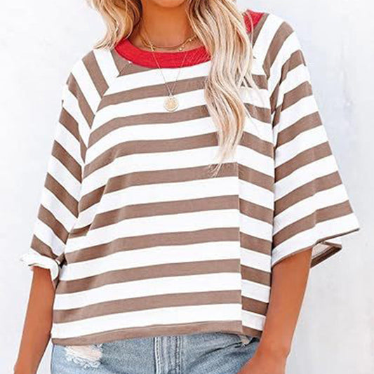 👚🌞 Gestreiftes Kurzarm-Freizeitoberteil mit Rundhalsausschnitt für Damen – 50% RABATT! Lässig, atmungsaktiv & perfekt für Sommer, Stadt & Alltag