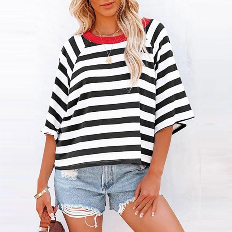 👚🌞 Gestreiftes Kurzarm-Freizeitoberteil mit Rundhalsausschnitt für Damen – 50% RABATT! Lässig, atmungsaktiv & perfekt für Sommer, Stadt & Alltag