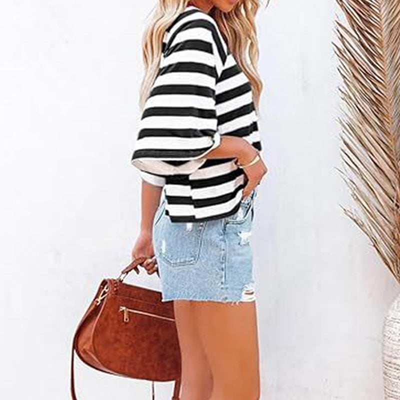 👚🌞 Gestreiftes Kurzarm-Freizeitoberteil mit Rundhalsausschnitt für Damen – 50% RABATT! Lässig, atmungsaktiv & perfekt für Sommer, Stadt & Alltag