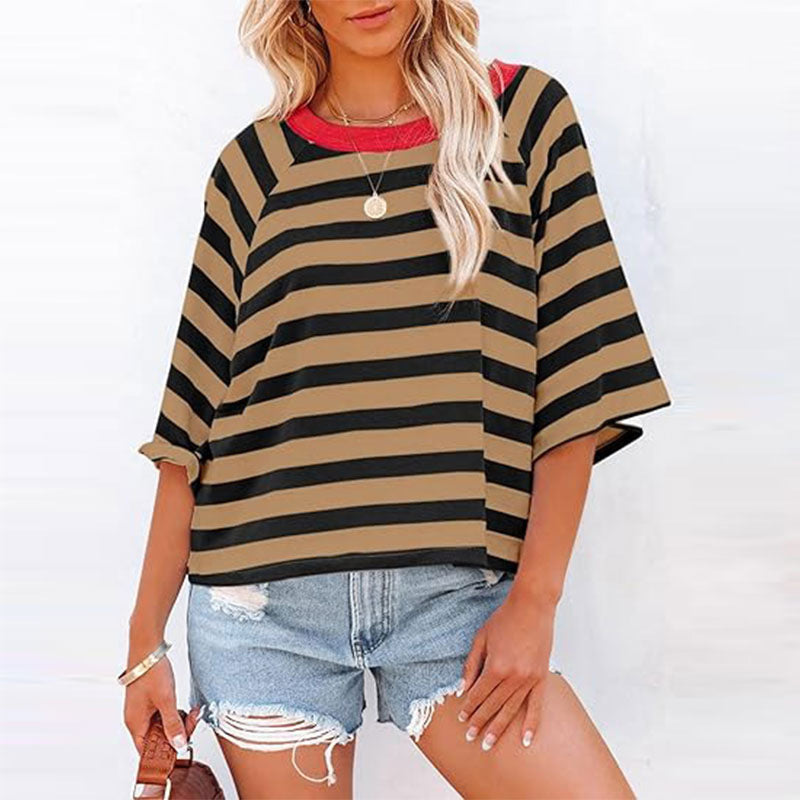 👚🌞 Gestreiftes Kurzarm-Freizeitoberteil mit Rundhalsausschnitt für Damen – 50% RABATT! Lässig, atmungsaktiv & perfekt für Sommer, Stadt & Alltag