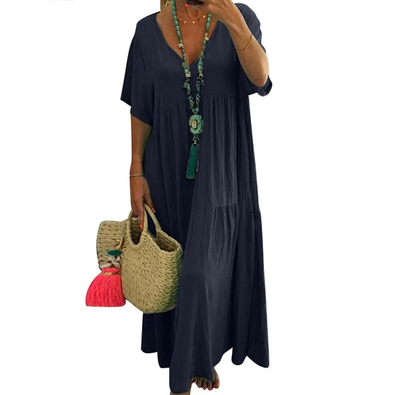 🍃 Langes Baumwoll-Leinenkleid mit V-Ausschnitt | Lockere Passform, figurschmeichelnd