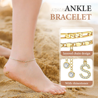💃 LIMITED-TIME 50% RABATT! 🌹 Geschichtetes Gold-Fußgelenkarmband – Stilvoll, Funkelnd & Verstellbar ✨