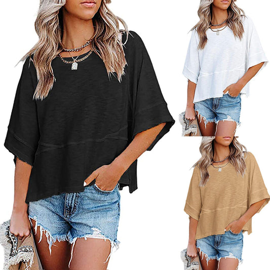 👕 50% RABATT! 🌸 Einfarbiges Damen T-Shirt mit Glockenärmeln – Locker geschnittenes Sommeroberteil aus weichem Stoff in 3 Farben✨