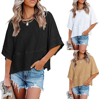 👕 50% RABATT! 🌸 Einfarbiges Patchwork-T-Shirt mit lockeren Trompetenärmeln – Luftiger Schnitt, weicher Stoff & perfekt für Frühling und Sommer – einzigartiger Ärmel-Look ✨