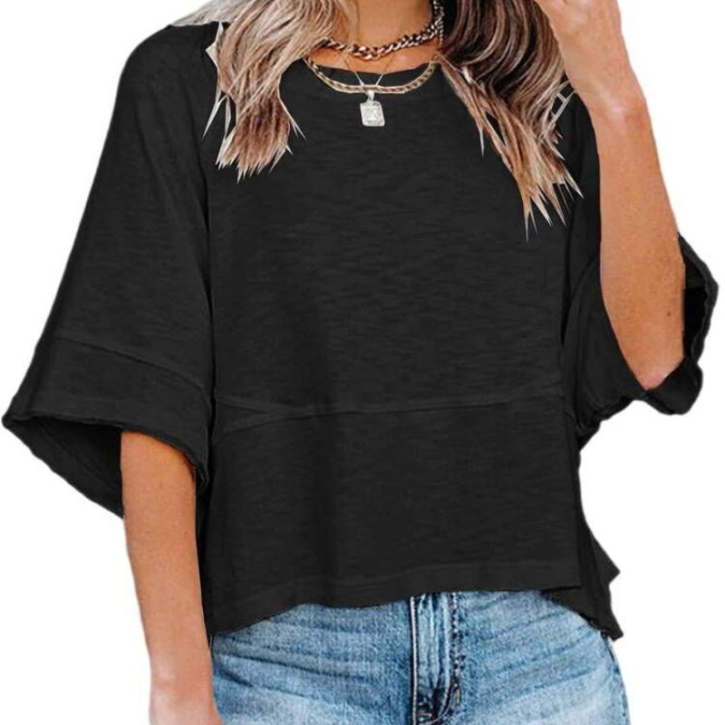 👕 50% RABATT! 🌸 Einfarbiges Patchwork-T-Shirt mit lockeren Trompetenärmeln – Luftiger Schnitt, weicher Stoff & perfekt für Frühling und Sommer – einzigartiger Ärmel-Look ✨