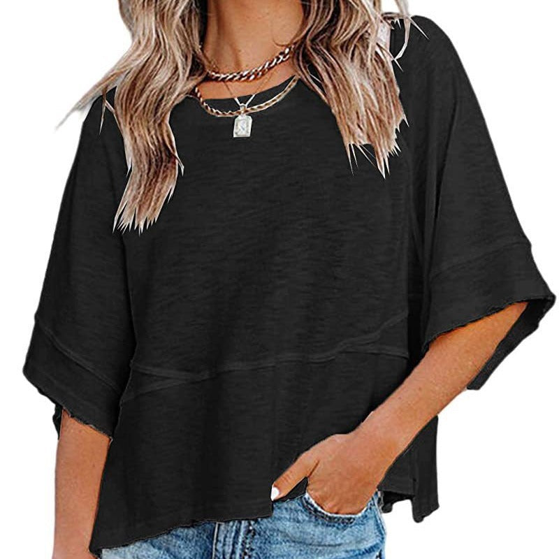 👕 50% RABATT! 🌸 Einfarbiges Patchwork-T-Shirt mit lockeren Trompetenärmeln – Luftiger Schnitt, weicher Stoff & perfekt für Frühling und Sommer – einzigartiger Ärmel-Look ✨