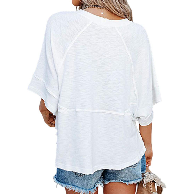 👕 50% RABATT! 🌸 Einfarbiges Patchwork-T-Shirt mit lockeren Trompetenärmeln – Luftiger Schnitt, weicher Stoff & perfekt für Frühling und Sommer – einzigartiger Ärmel-Look ✨