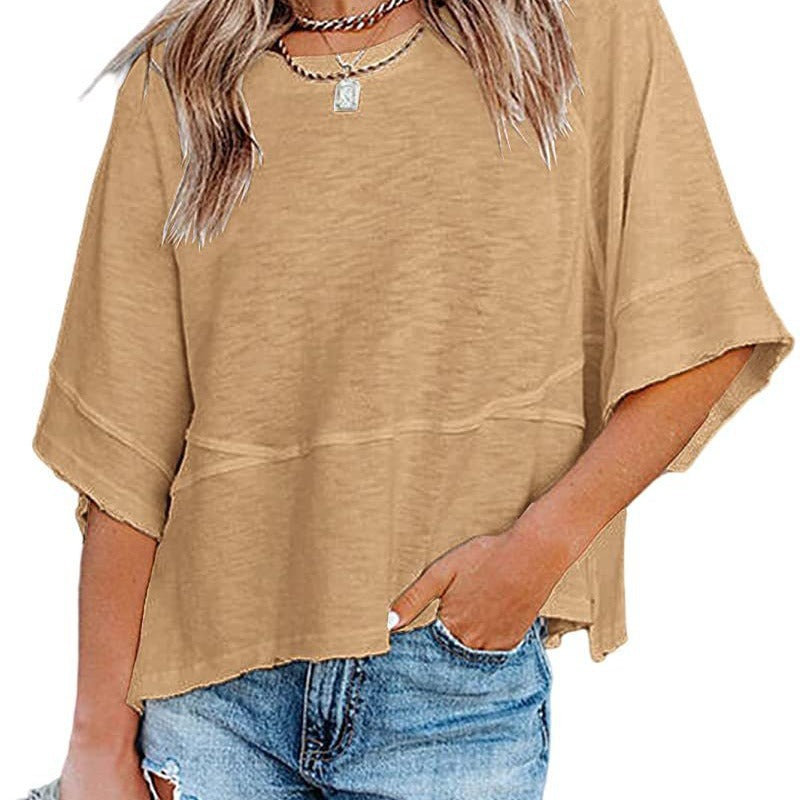 👕 50% RABATT! 🌸 Einfarbiges Patchwork-T-Shirt mit lockeren Trompetenärmeln – Luftiger Schnitt, weicher Stoff & perfekt für Frühling und Sommer – einzigartiger Ärmel-Look ✨