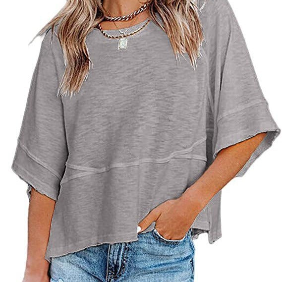 👕 50% RABATT! 🌸 Einfarbiges Patchwork-T-Shirt mit lockeren Trompetenärmeln – Luftiger Schnitt, weicher Stoff & perfekt für Frühling und Sommer – einzigartiger Ärmel-Look ✨