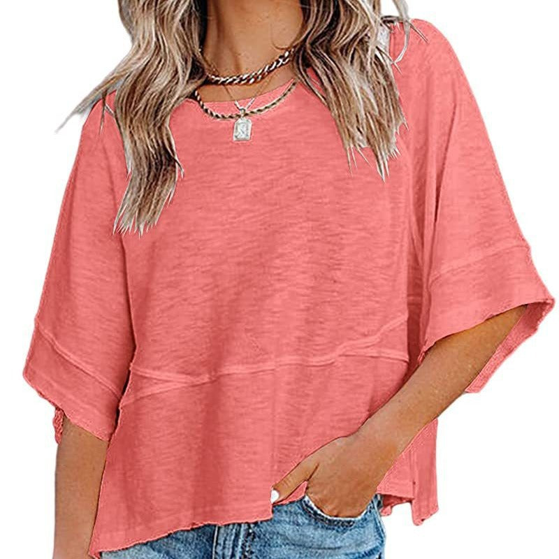 👕 50% RABATT! 🌸 Einfarbiges Patchwork-T-Shirt mit lockeren Trompetenärmeln – Luftiger Schnitt, weicher Stoff & perfekt für Frühling und Sommer – einzigartiger Ärmel-Look ✨