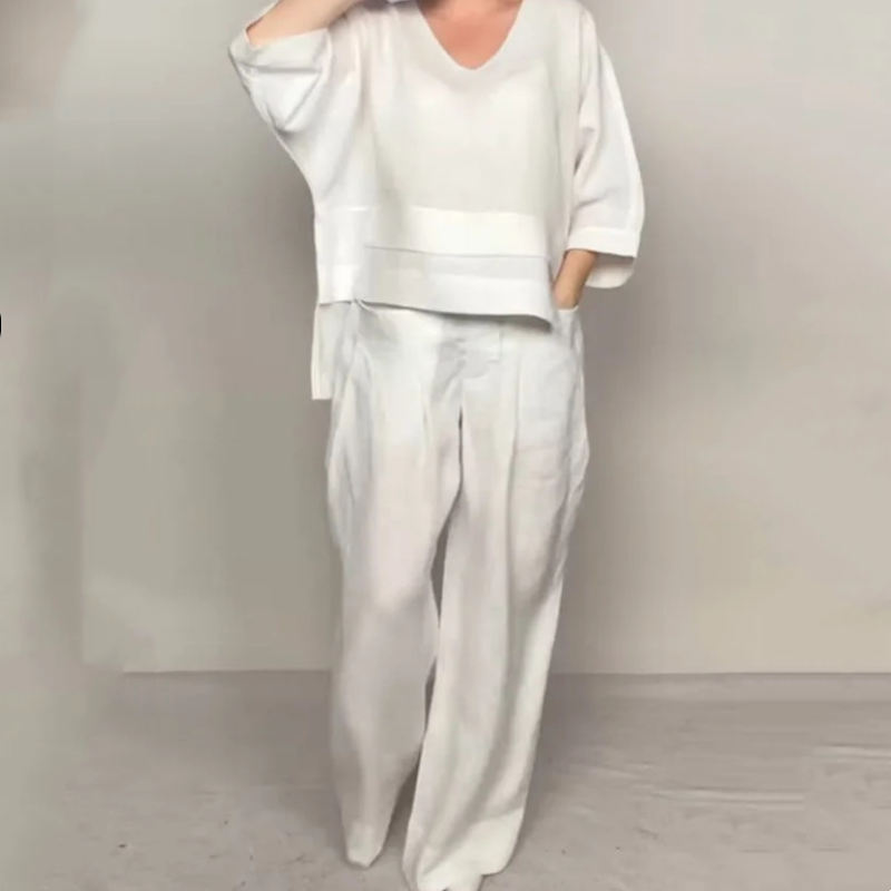 👕🍂 50% RABATT! 2-teiliges Set aus Baumwoll-Leinen mit unregelmäßigem Saum – V-Ausschnitt-Oberteil + Weitbein-Hose, atmungsaktiv & mühelos stilvoll