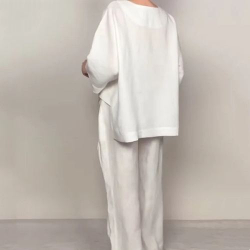👕🍂 50% RABATT! 2-teiliges Set aus Baumwoll-Leinen mit unregelmäßigem Saum – V-Ausschnitt-Oberteil + Weitbein-Hose, atmungsaktiv & mühelos stilvoll