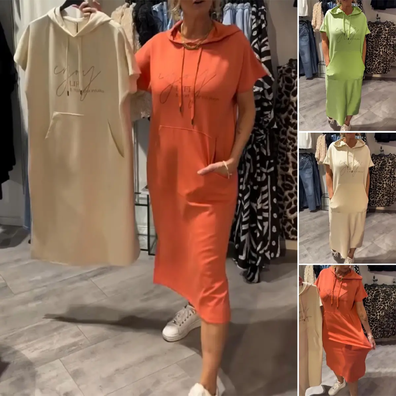 🌸50% Rabatt！🎉 Damen Kapuzenkleid mit kurzen Ärmeln – lockere, lange, einfarbige Passform – perfekt für Zuhause & unterwegs